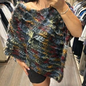 Multi color real rabbit fur poncho shawl